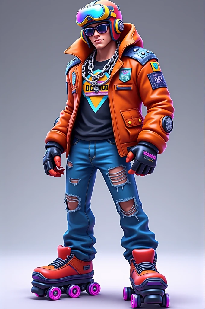 Com visual de brawler do Brawl Stars
Traje: Wear a colorful skater outfit with bold, vibrant graphics, including a stylish leather coat with patches and a long sleeve graphic print t-shirt. His shoulders are protected by shoulder pads and he wears ripped jeans..
helmet: Wears a skater&#39;s helmet with flashy graphics and a dark visor.
rollerskates: Your skates are customized, with illuminated wheels and a futuristic design.
Accessories: He has a large silver chain around his neck and wears sporty sunglasses..