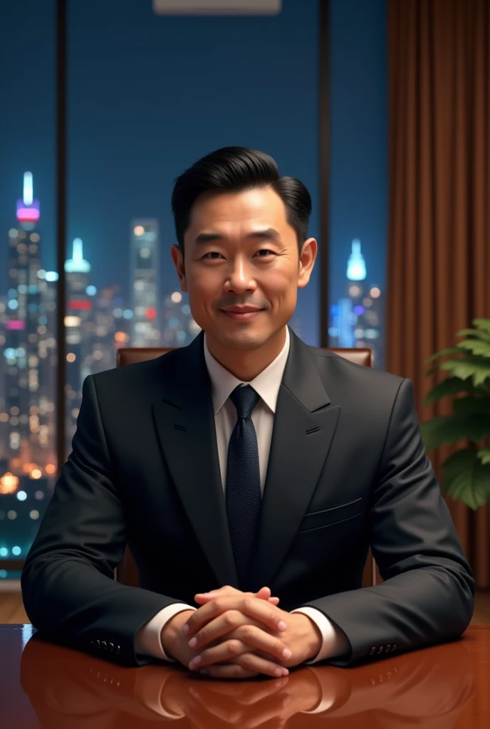 Create a hyper-realistic image of a man in his early 30s, of East Asian descent, with a large and solid build. He has a rounded face with strong, defined cheekbones and a prominent jawline. His physique is robust and powerful, but he is not overly muscular—more of a naturally strong and solid frame. His skin is slightly tanned, giving him a healthy, vigorous appearance. He has expressive, deep-set eyes that convey both intensity and kindness, framed by thick eyebrows. His short, dark hair is neatly styled, adding to his polished, authoritative look. The man is depicted as a highly successful businessman, dressed in a luxurious, well-tailored dark suit that enhances his commanding presence. He is sitting confidently behind a large, elegant wooden desk in a grand office. The office features large windows that provide a stunning nighttime view of a vibrant city skyline. The atmosphere is one of power and success, with the man exuding confidence and authority, his strong features and imposing yet approachable physique adding to the commanding aura he projects.