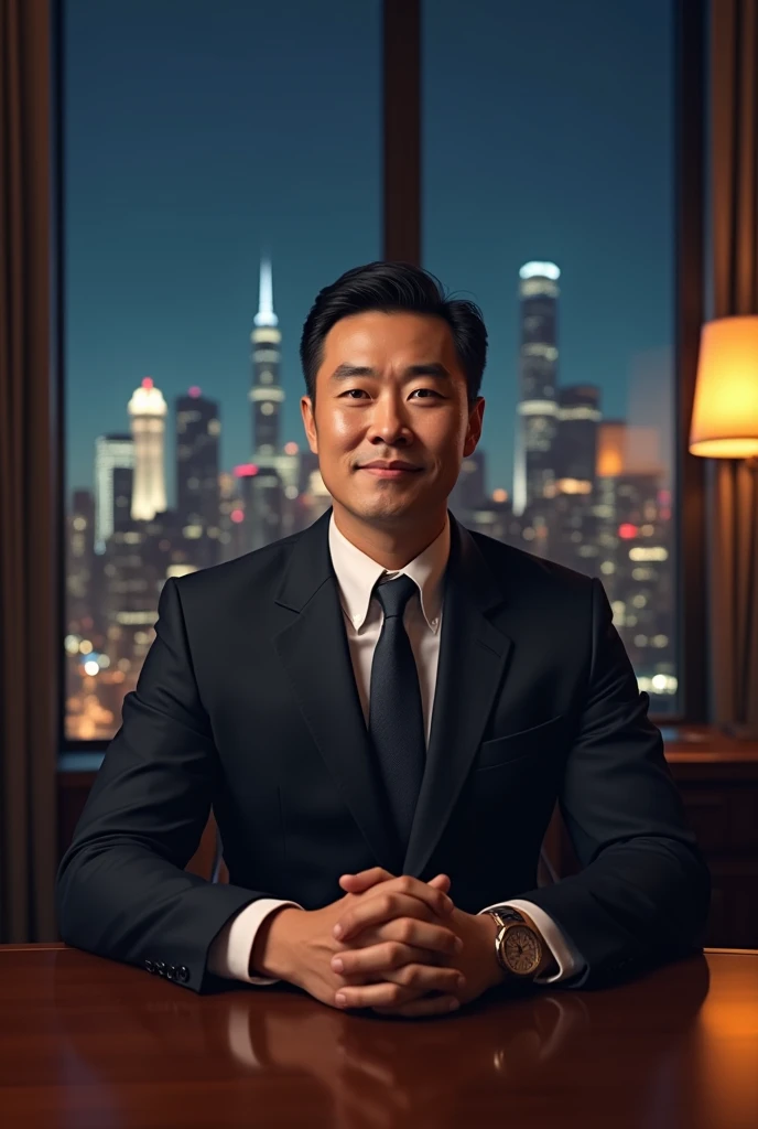 Create a hyper-realistic image of a man in his early 30s, of East Asian descent, with a large and solid build. He has a rounded face with strong, defined cheekbones and a prominent jawline. His physique is robust and powerful, but he is not overly muscular—more of a naturally strong and solid frame. His skin is slightly tanned, giving him a healthy, vigorous appearance. He has expressive, deep-set eyes that convey both intensity and kindness, framed by thick eyebrows. His short, dark hair is neatly styled, adding to his polished, authoritative look. The man is depicted as a highly successful businessman, dressed in a luxurious, well-tailored dark suit that enhances his commanding presence. He is sitting confidently behind a large, elegant wooden desk in a grand office. The office features large windows that provide a stunning nighttime view of a vibrant city skyline. The atmosphere is one of power and success, with the man exuding confidence and authority, his strong features and imposing yet approachable physique adding to the commanding aura he projects.