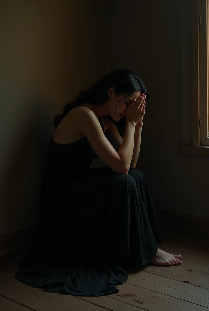 The women along siting in a dark room corner and his crying background like a dark room with some warm Yellowstone light his waring a black dress