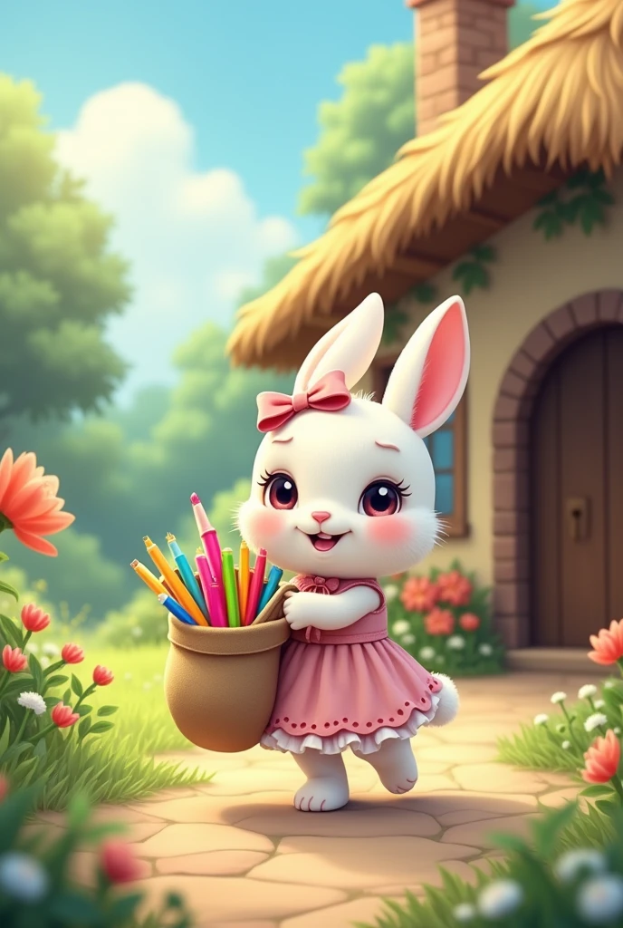 A little white bunny wearing female clothes going outside her house with bag filled with colourful papers in cartoon style