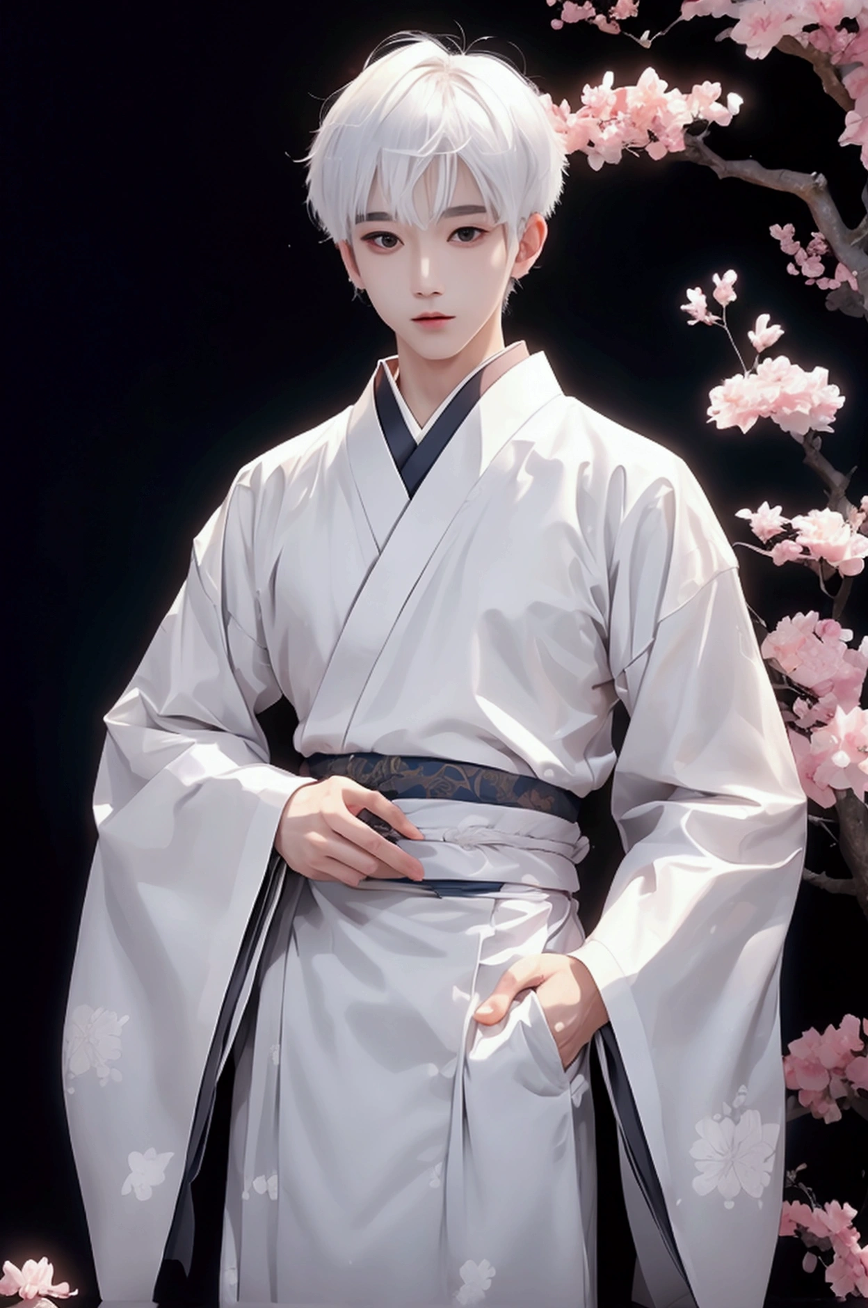 a boy in a japanese kimino with short white hair