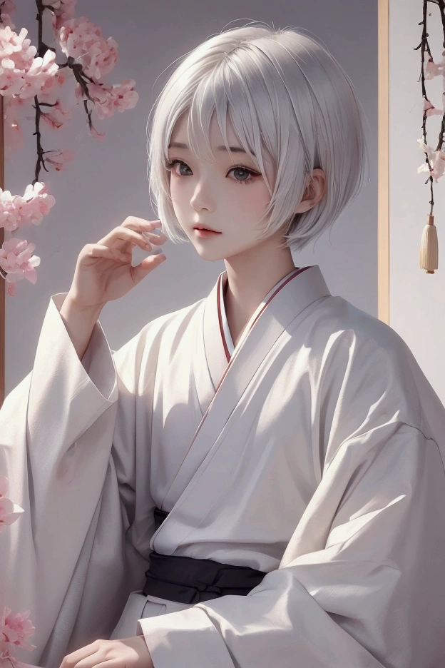a boy in a japanese kimino with short white hair