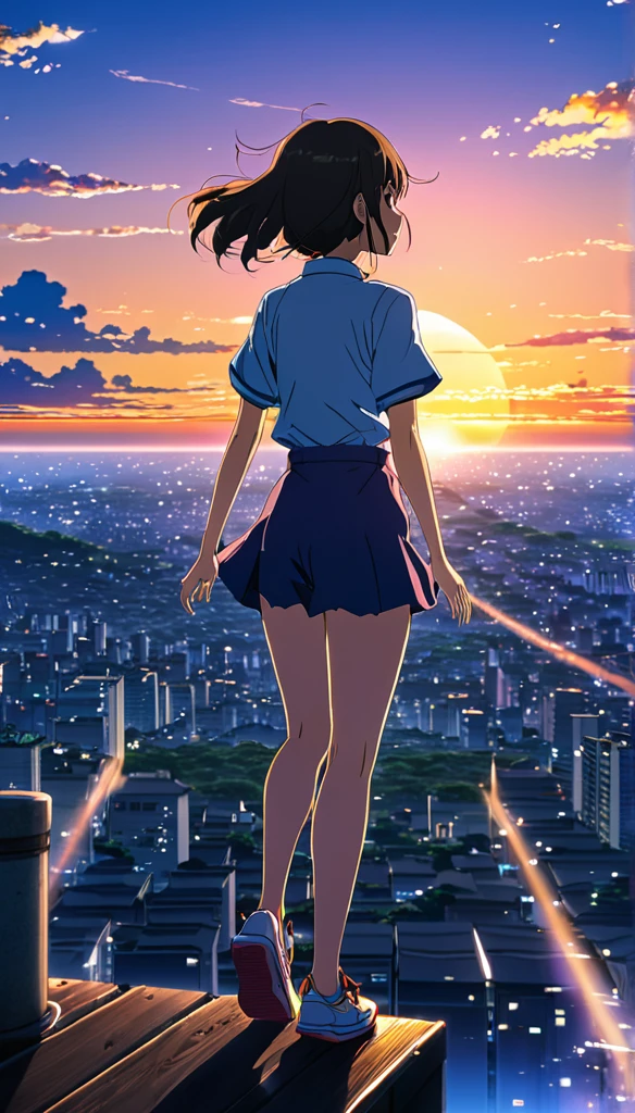 For anime scenery images、It depicts a girl jumping into the void., At sunset, View from afar, Beautiful and colorful anime scene, View from afar, Beautiful anime peace scenes, Makoto Shinkai Cyril Rolland, Beautiful scene from anime, Awesome Wallpapers, Anime Art Wallpapers 8K, Anime Background, Anime Art Background, anime wallpaper 4k, Anime Art 4K Wallpaper, Anime Art 4K Wallpaper,One girl, 