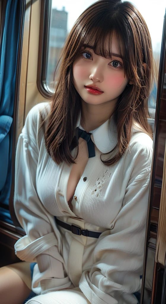 Heart-shaped pupils,(SFW), (masterpiece:1.2), ((Highest quality:1.2)), masterpiece, High resolution, original, Highly detailed wallpaper, (Super detailed), (Best illustrations), (Best Shadow), (Kobeni), Big Breasts, Firm breasts, (White collared shirt), (Black tie), (Shirt stain), (Dirty), One girl, View your viewers, (Brown eyes), Heart-shaped pupils,((Natural big breasts:1.4))