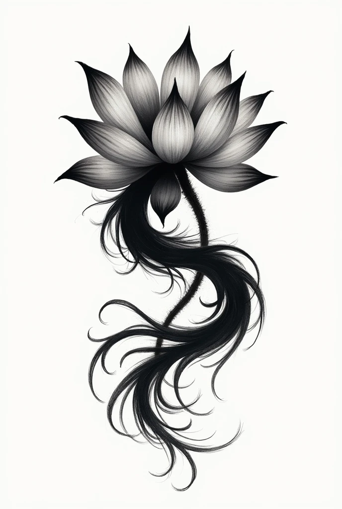 Lotus flower tattoo in black made as if it were a brush and with a phoenix made as if it were a brush