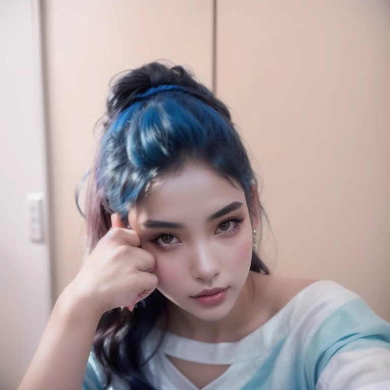 There is a woman with blue hair and a white top, indio girl with brown skin, Sexy girl with dark complexion, indio, extremely beautiful face, indio goddess, Attractive Pose, attractive girl, the drinker does it, beautiful attractive face, traditional beauty, very beautiful girl, selfie of a young woman, beautiful and attractive face, soft portrait 8k, indio super model