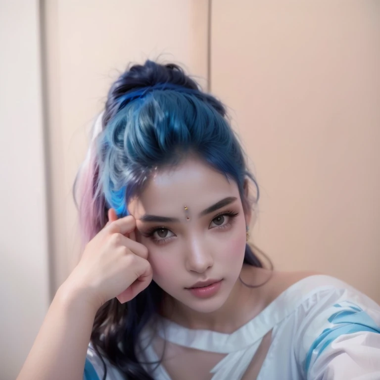 There is a woman with blue hair and a white top, indio girl with brown skin, Sexy girl with dark complexion, indio, extremely beautiful face, indio goddess, Attractive Pose, attractive girl, the drinker does it, beautiful attractive face, traditional beauty, very beautiful girl, selfie of a young woman, beautiful and attractive face, soft portrait 8k, indio super model
