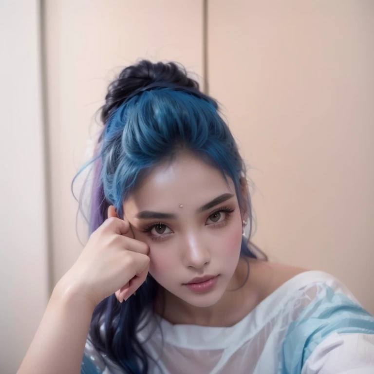 There is a woman with blue hair and a white top, indio girl with brown skin, Sexy girl with dark complexion, indio, extremely beautiful face, indio goddess, Attractive Pose, attractive girl, the drinker does it, beautiful attractive face, traditional beauty, very beautiful girl, selfie of a young woman, beautiful and attractive face, soft portrait 8k, indio super model
