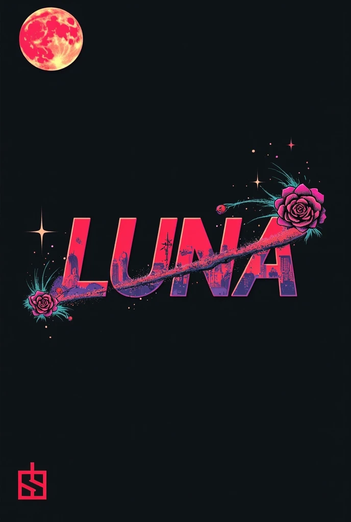High resolution, red moon that bleeds, logo spelling swiftly “Luna” cool, Jdm theme, anime theme, Cyberpunk vibe name spelling, brand logo, logo for tshirt, brand logo “LUNA”, neon vibes, acid trip vibes, acid trip, shooting stars, acid trip inside “LUNA”, acid trip, hallucinations inside “LUNA”, Waves of hallucinations, splash, waves of futuristic hallucinations, red moon hallucinations, stars in the background, roses inside “LUNA”, ghosts hallucinations, purple,