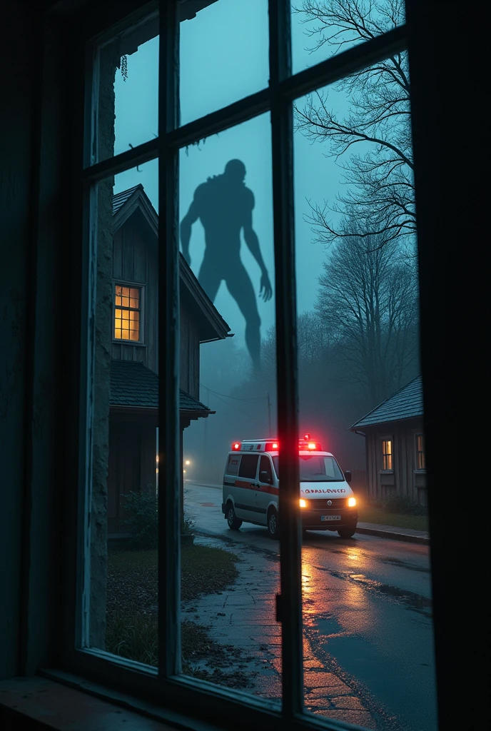 The image is seen from inside the window of the house, the supernatural creature, the monster, is following behind the ambulance passing in front of the village house at night, the house is made of wood, it's dark at night.