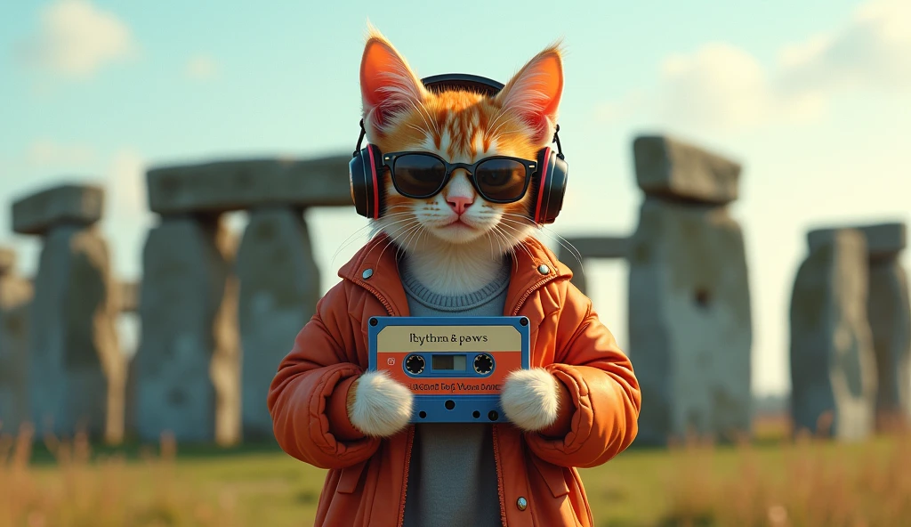 1920x1080 16:9 Perfect Centering, Cute kitten, Wear a school jacket, Wear sunglasses, Wearing headphones and holding a cassette tape　The cassette inscription is Lofi Rhythm & It says Paws, Standing position, Abstract Beauty, Centered, Looking into the camera, To the camera, Near perfect, dynamic, Stonehenge、Very detailed, Digital Painting, artステーション, コンセプトart, Smooth, Sharp focus, 8k, High resolution, shape, art：Karn Griffiths and Vadim Kashin, world heritage