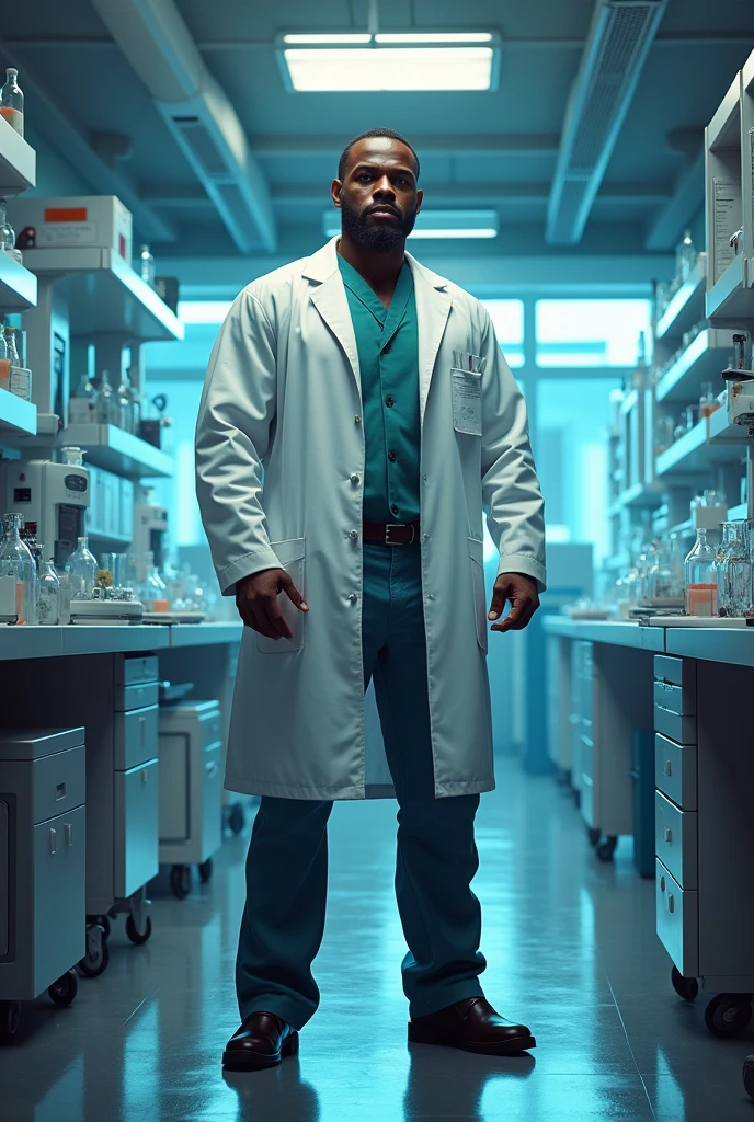 an Ethiopian muscular doctor doing a research in a big research laboratory 