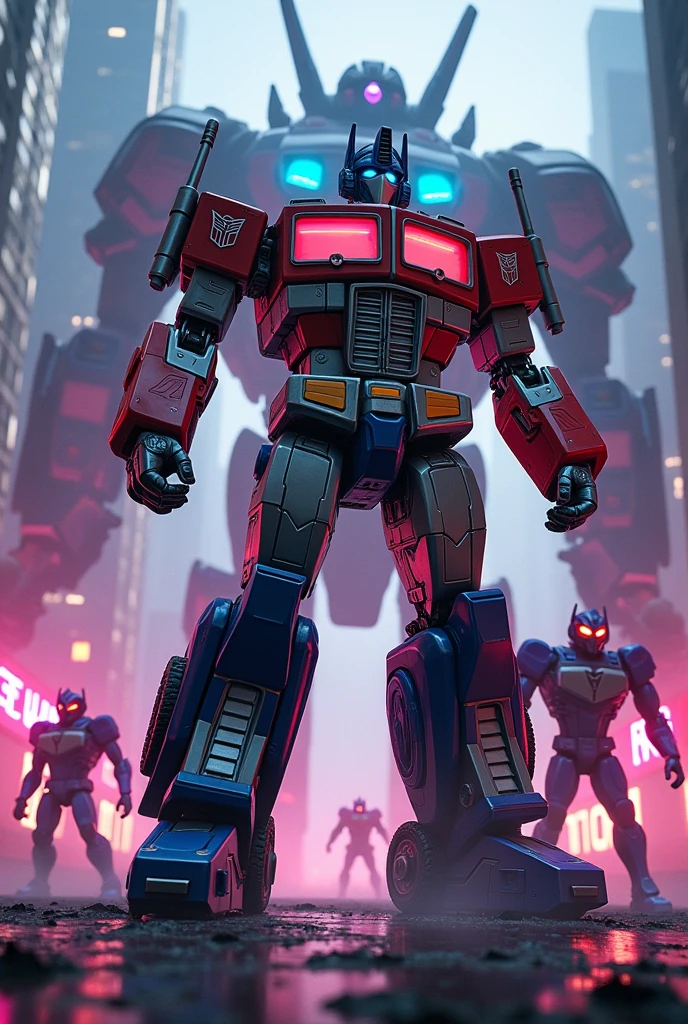 Optimus Prime, Power Rangers, Squid 5, mecha, robot, futuristic, colorful, dynamic composition, cinematic, intense action, highly detailed, intricate machinery, gritty sci-fi, vibrant neon lighting, epic scale, photorealistic, 8k, best quality, masterpiece