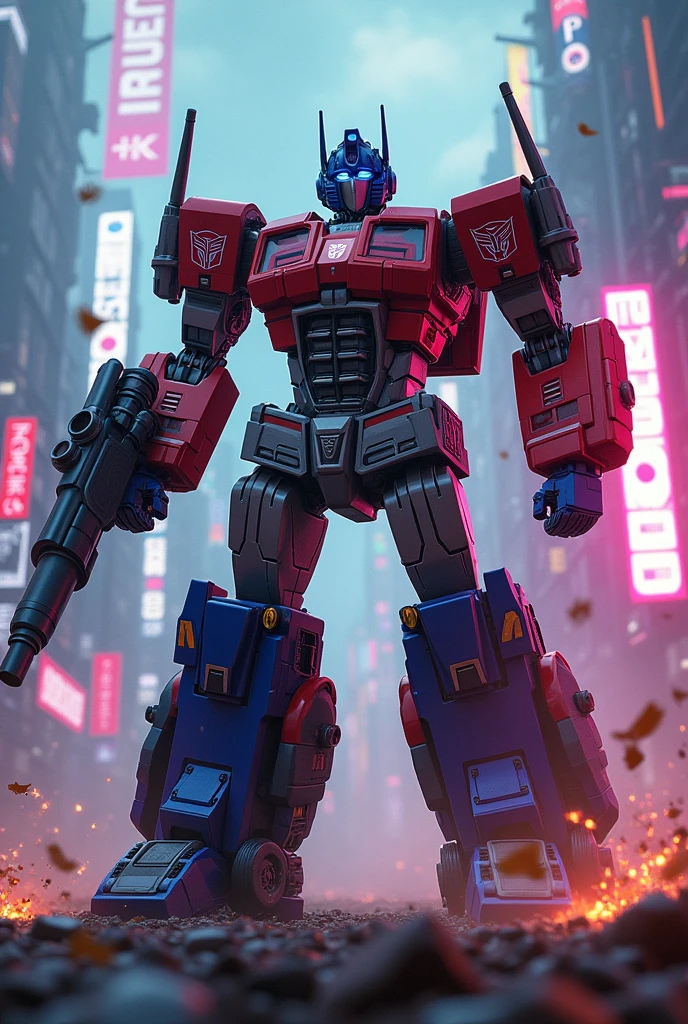 Optimus Prime, Power Rangers, Squid 5, mecha, robot, futuristic, colorful, dynamic composition, cinematic, intense action, highly detailed, intricate machinery, gritty sci-fi, vibrant neon lighting, epic scale, photorealistic, 8k, best quality, masterpiece