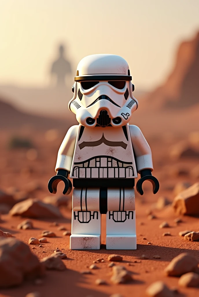 Photorealism 1.4 realistic realism high detailed definition  Lego minifig stormtrooper background at mars with Darth Vader 