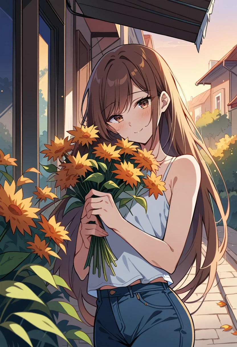 Masterpiece, highres, high Quality, detailed face, close up, smelling bouquet of flowers, soft smile, street, awning, shade, flowers, head tilt, brown eyes, brown hair, swept bangs, very long hair, white camisole with black string bow, jeans with holes, small breasts, toned arms, flowers, sidewalk, weeds, dusk, garden, dusk, falling leaves, autumn, hair blowing in wind,