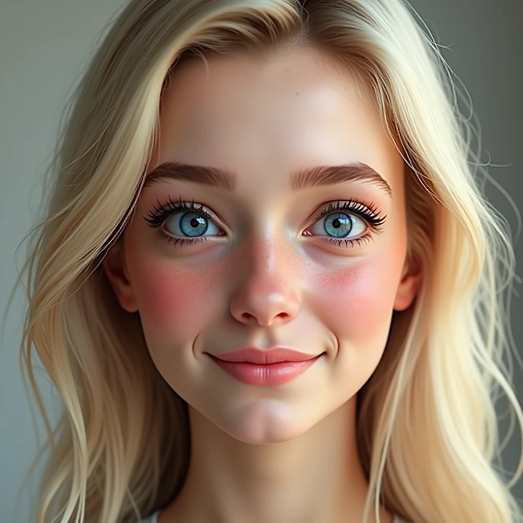 (photorealism:1.2),Create a realistic avatar of a young 20-year-old girl with blonde hair and blue eyes. The girl should have a modern and attractive appearance, with a friendly and relaxed expression. Make sure the avatar style is realistic, Capturing details in skin texture, the vibrant color of the eyes, and the natural shine of blonde hair. The background should be plain or blurred to keep the focus on the avatar's face..