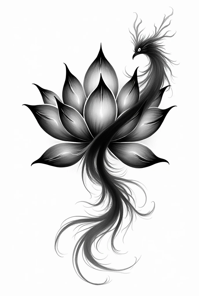 Lotus flower tattoo in black made as if it were a brush and with a phoenix made as if it were a brush