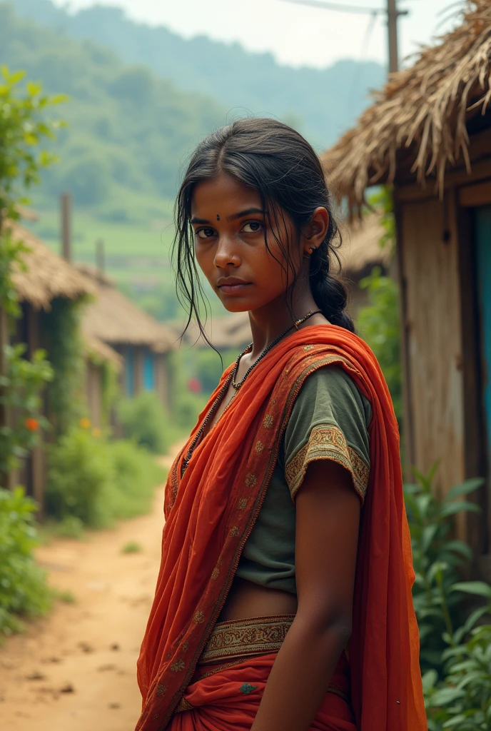 Beautiful Typical indian village ragpicker young woman standing 