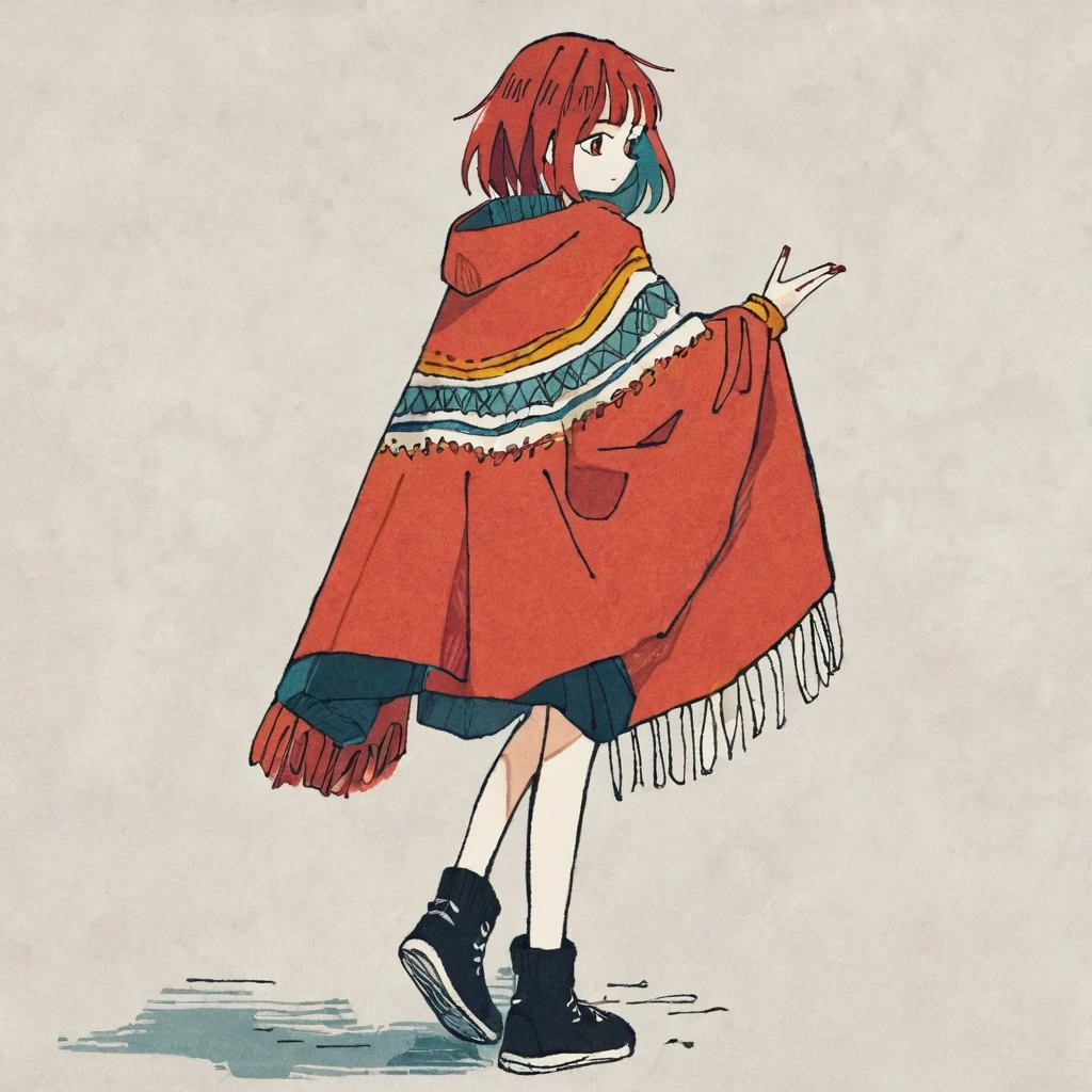 by tsvbvra, 1girl,  skirt, solo, short hair,  Masterpiece, simple background, red poncho, red hair