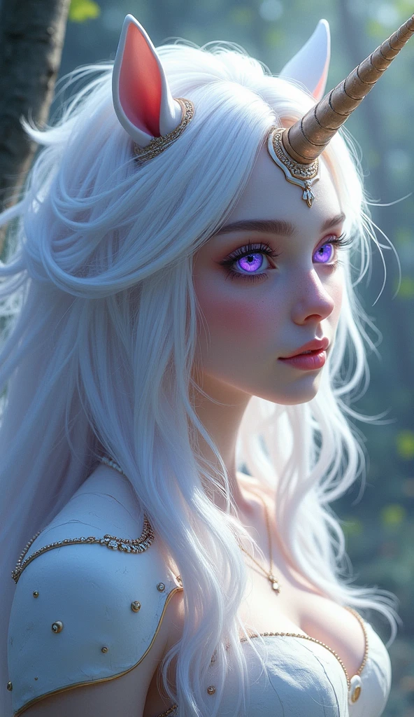Unicorn Anthropomorphic Female High Detail White Hair Purple Pupils