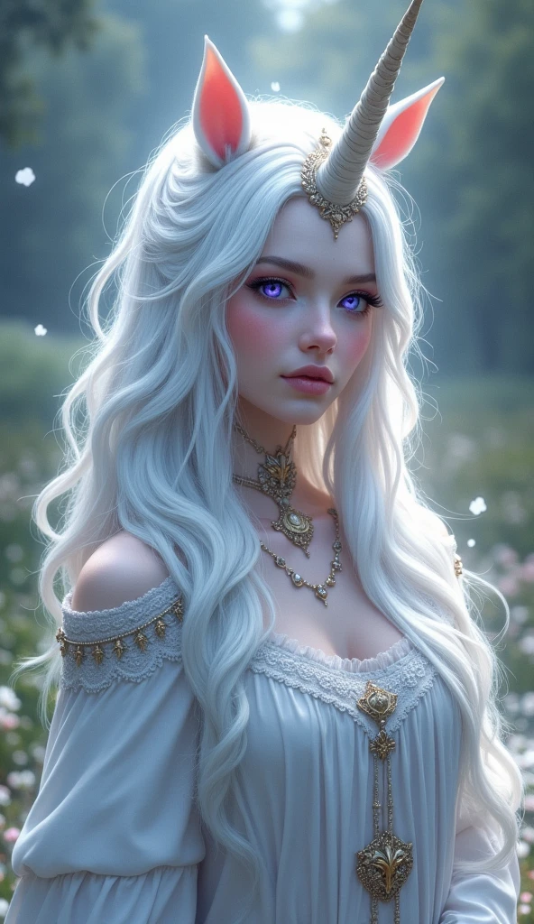 Unicorn Anthropomorphic Female High Detail White Hair Purple Pupils