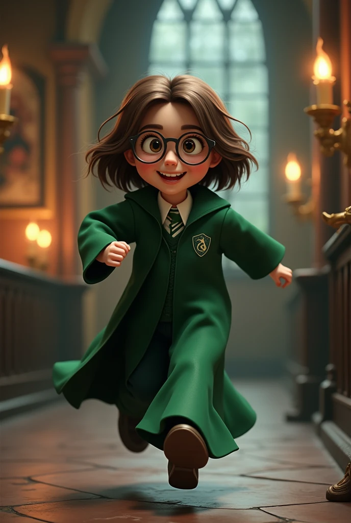 A young woman chasing her brother, short brown hair, wearing glasses, cheerful, wearing Slytherin house robes, 3D image