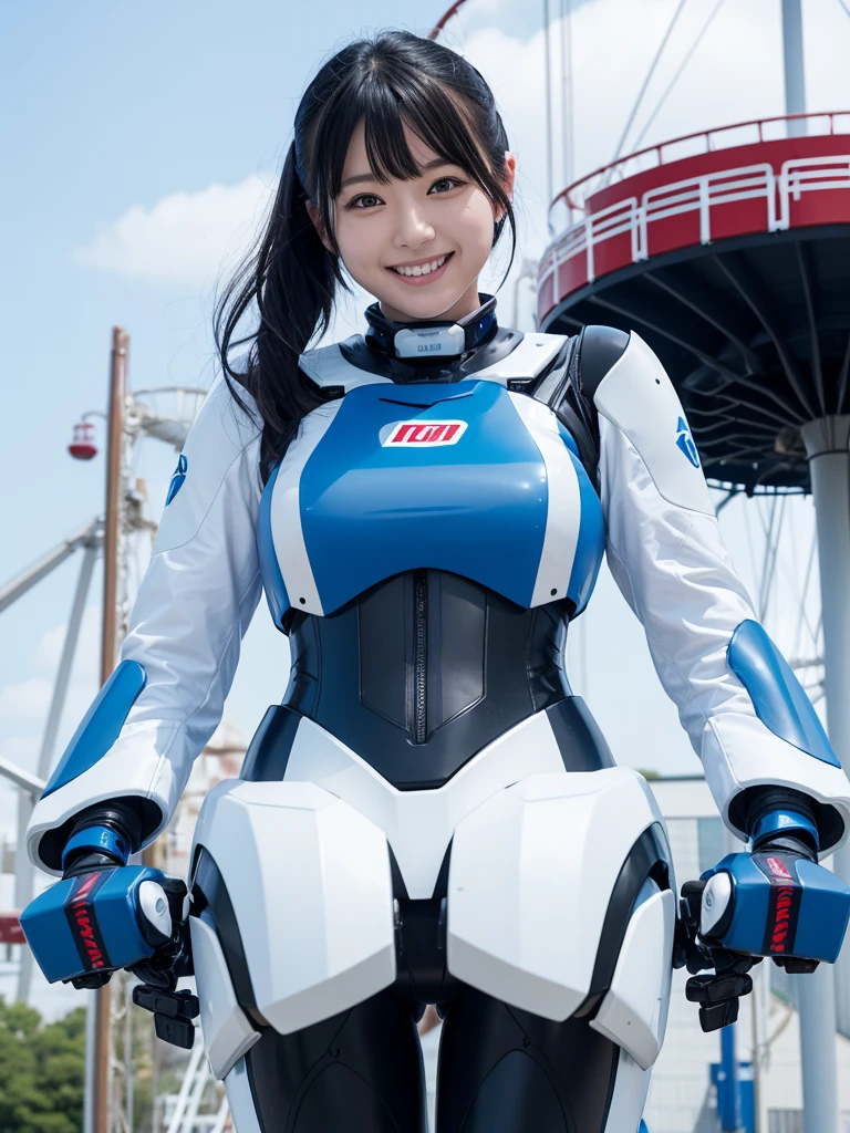 Japanese female android,Black Hair,White and blue robot suit,Plump,amusement park,Riding the Ferris wheel,smile