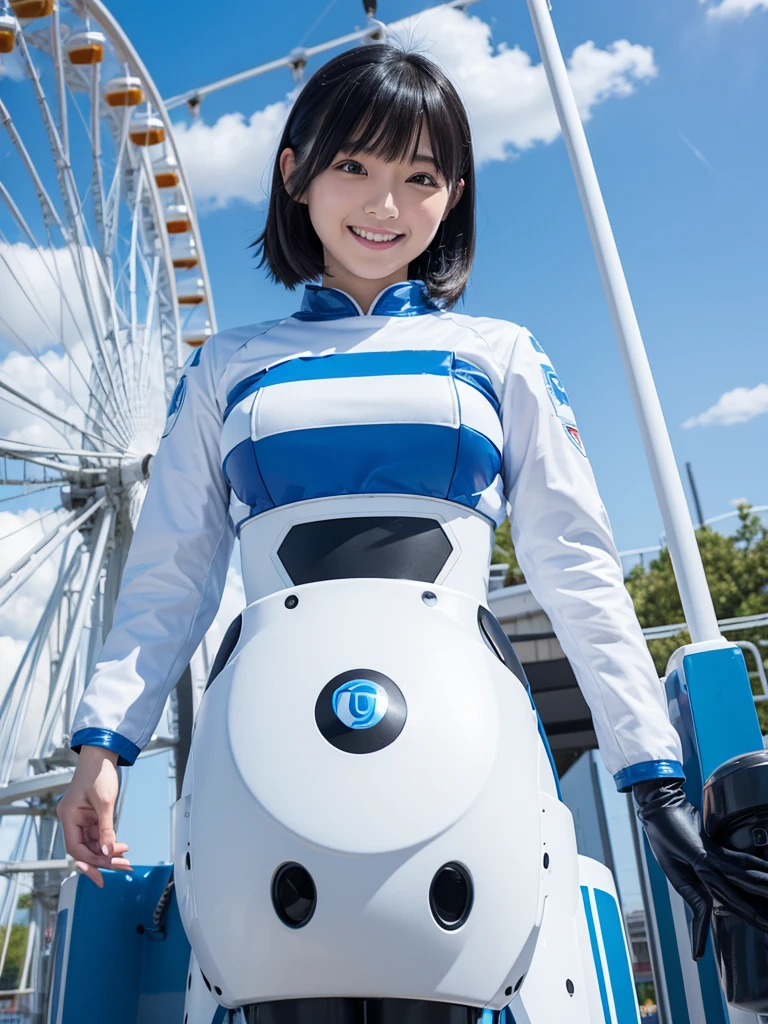 Japanese female android,Black Hair,White and blue robot suit,Plump,amusement park,Riding the Ferris wheel,smile