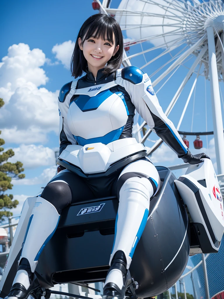 Japanese female android,Black Hair,White and blue robot suit,Plump,amusement park,Riding the Ferris wheel,smile