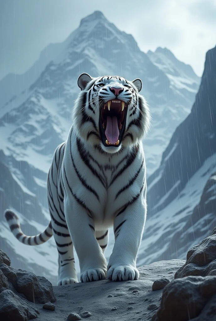 The white tiger roars over the snowy mountains and it rains.

