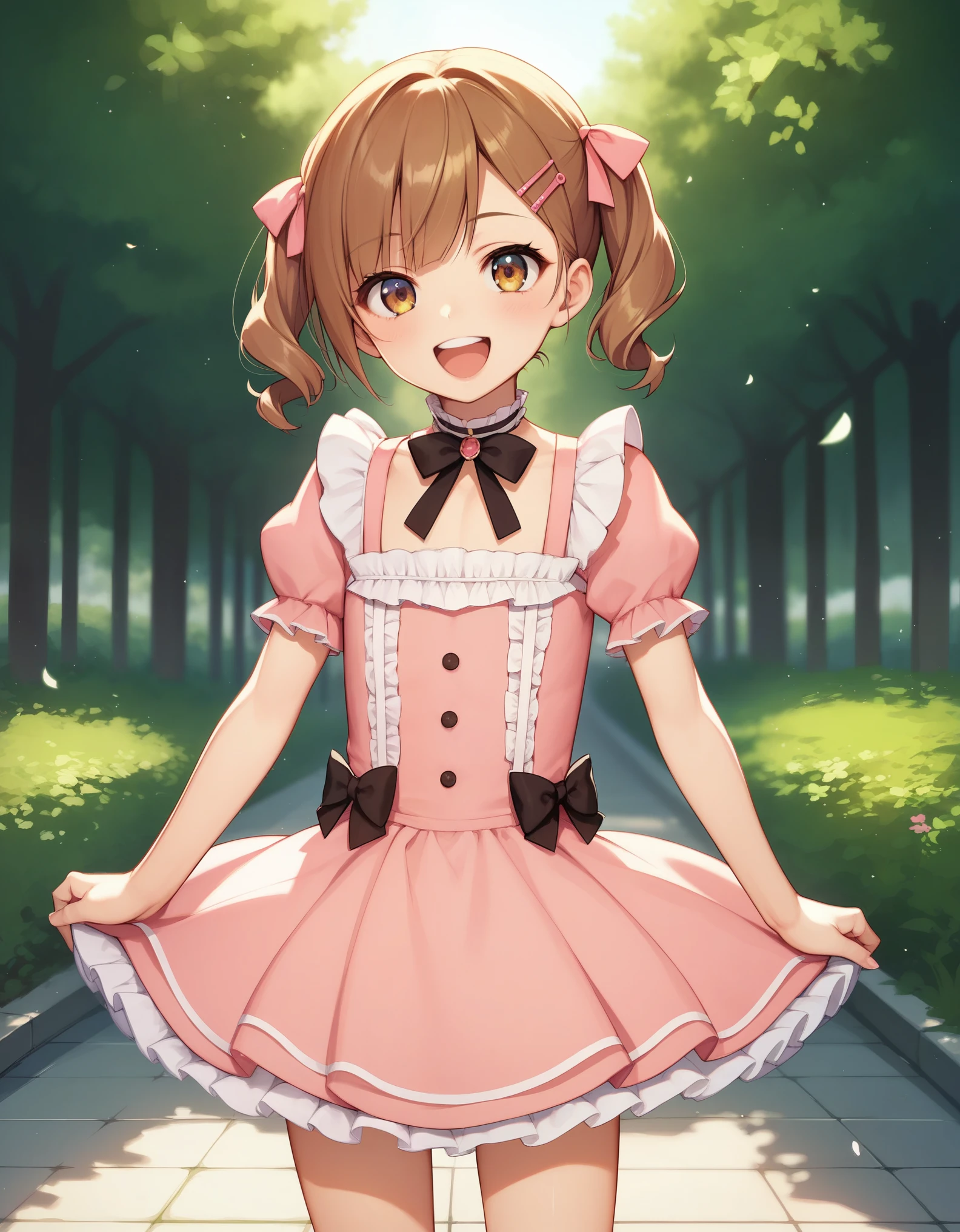 (masterpiece:1.2), best quality, highres, original, (extremely detailed:1.2), ultra-detailed, wallpaper, perfect lighting,(extremely detailed CG:1.2), 8k, anime illustration, HD, cute, kawaii, 1boy, crossdressing, solo, tomgirl, (tall height, brown hair, open the mouth, laughing, happy, hairclip:1.1), (Lolita Fashion, short sleeves, pink dress, mini dress, delicate dress, ruffles hemline, ribbon on dress, flat chest, breastless:1.2), thighs, standing, looking at viewer, frontal, outdoor, sunny