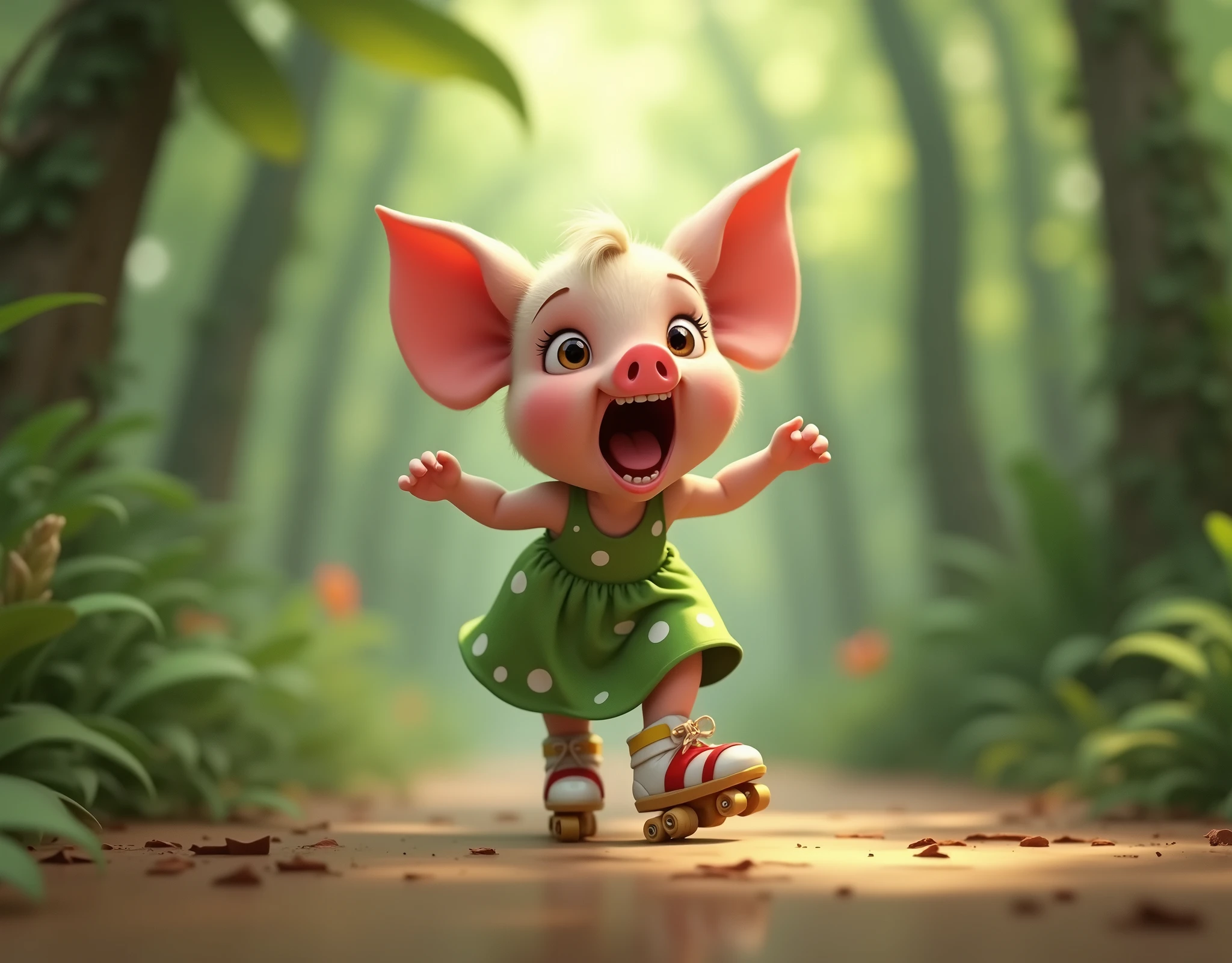 pixar style, 3d, 1scared cute piglet, wearing green dress with white polka dots, screaming in fear, moving fast on roller skates in a jungle, chased by black wolf, game button art, Game illustration, lovely digital painting, artstation for kids art, Official artwork, key art, mobile game art, cover game art, zootopia concept art, (soft lighting:1.3), (green and earthy color scheme:1.3), (highly detailed), (ultra quality:1.3), (masterpiece), (digital art), 8K resolution, HDR, depth of field, (soft shadows), (photorealistic:1.3), (animation:1.2), (by Greg Rutkowski:0.9), (in the style of Alphonse Mucha), trending on ArtStation, award-winning art, 3d style