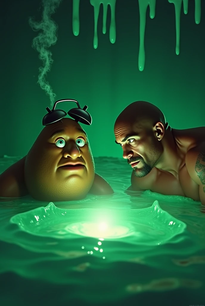 the rock and john cena are in the background of a poster for the movie, face as of dwayne johnson, the rock, the rock is a potato alarm clock, starring dwayne johnson, dwayne johnson as hulk, john cena, dwayne the rock johnson, a portrait of dwayne johnson, dwayne johnson, amazing cgi, green slime, green slime everywhere, green oozing pool pit, wwe, arnold and zbrush, vfx movie closeup, the rock is in the sea, dwayne johnson as the joker, portrait of dwayne johnson, smoking rock