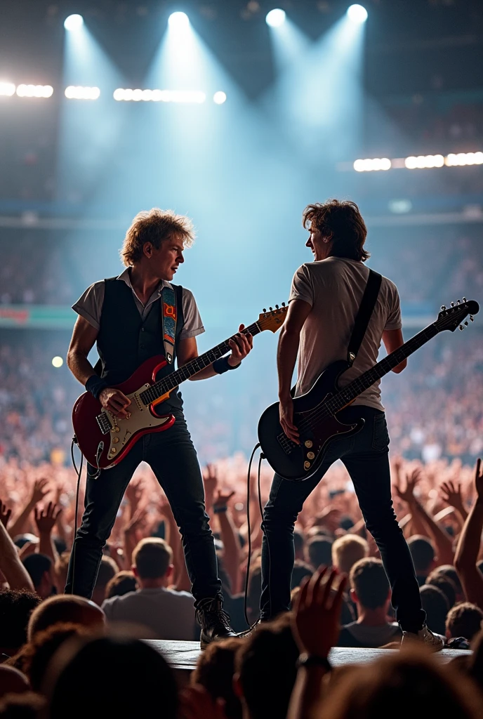 Angus young with benjamin chambert from highway Band playing guitar together in stadium
