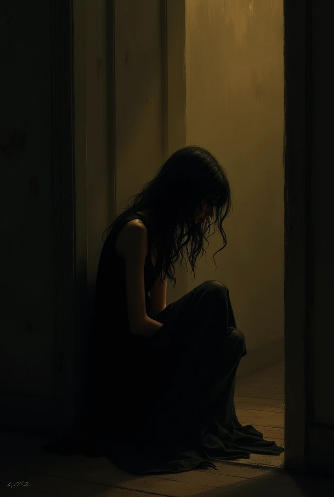 The women along siting in a dark room corner and his crying lot background like a dark room with some warm Yellow light his waring a black dress