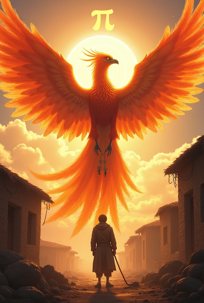 phoenix large bird, spreading wings, holding pi circled symbol, poor man is standing in front of him