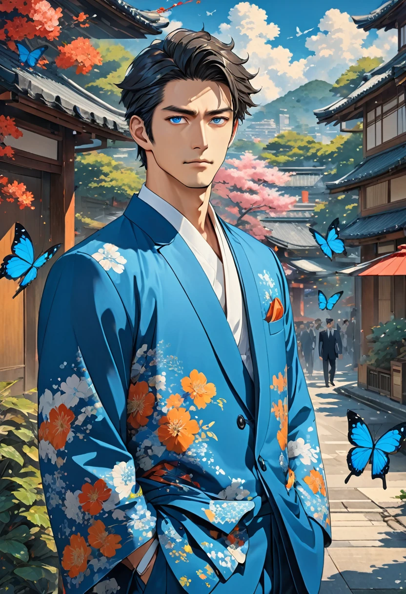 score up_9,score up_8,score up_7,source_anime,masterpiece,best quality,super fine illustration,super detailed,8k,Man,solo,30yo,(sharp eyes:1.3),(suits in kimono:1.3),(men's suits:1.2),colored blue butterfly effect,standing,cool,retoro modern,BREAK in modern city,detailed background,beautiful background