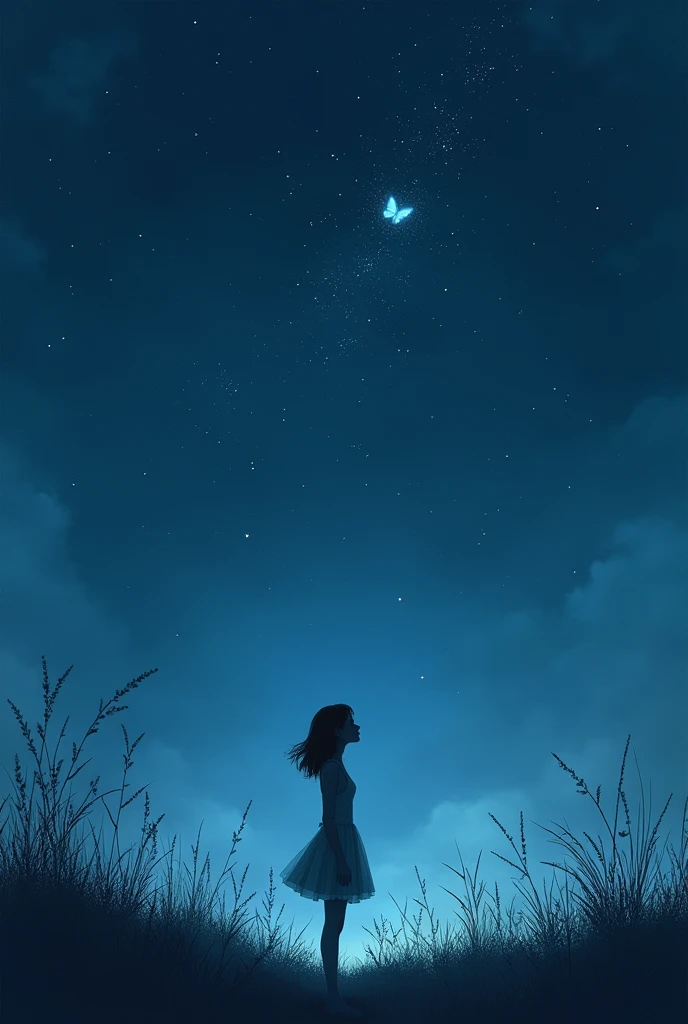 She looking for butterfly 🦋 and Sky is Blue with stars and There is totally dark just A small shine from butterfly 🦋