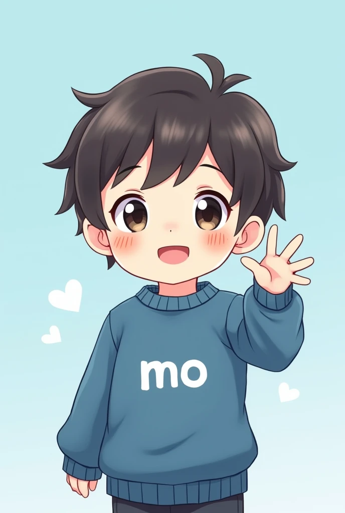 Make me a little anime boy with a blue sweater with white MO written on it and background should be light blue he should smile and wave