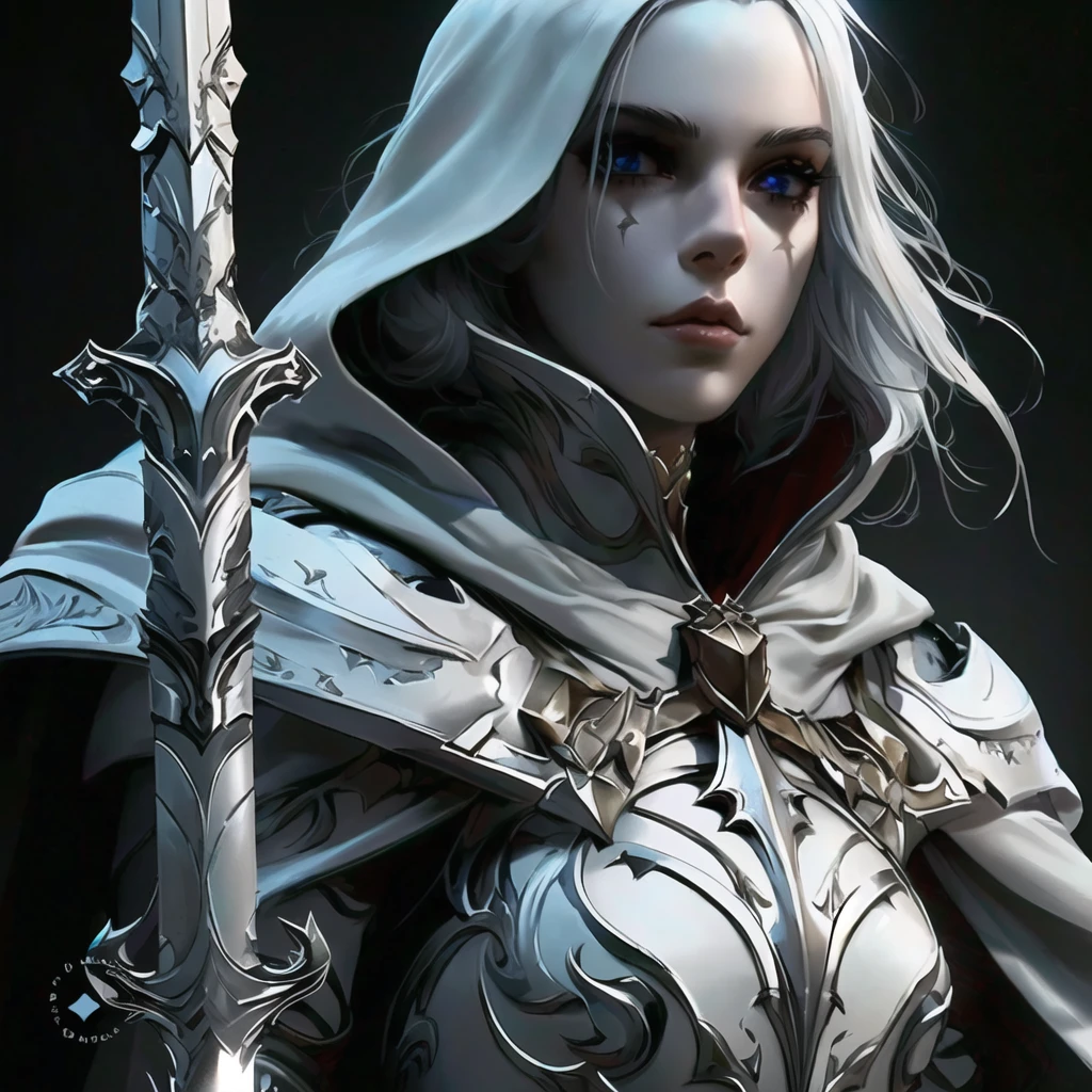 a close up of a woman with a sword and a white robe, epic exquisite character art, stunning character art, epic fantasy character art, dark fantasy character design, fantasy character art, dark fantasy style art, portrait knight female, detailed fantasy art, fantasy paladin woman, fantasy concept art portrait, graphic artist magali villeneuve, detailed digital 2d fantasy art