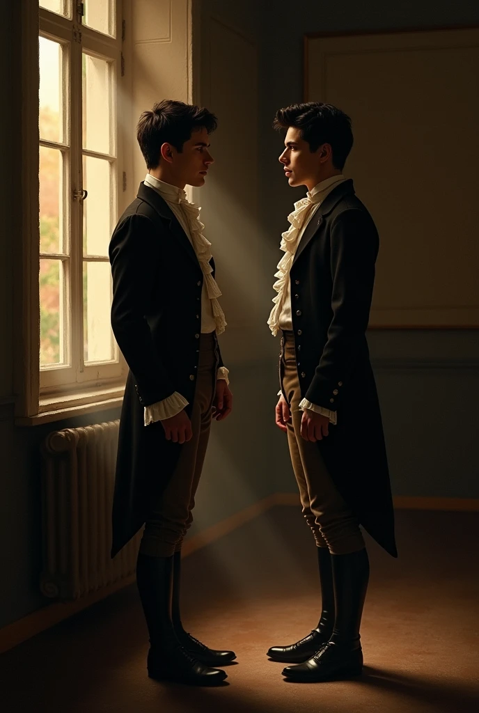 Two twin brothers with black hair and eyes, talking in a room, one next to the window and the other next to the door. Both dressed in 1824 in an informal and evening outfit
