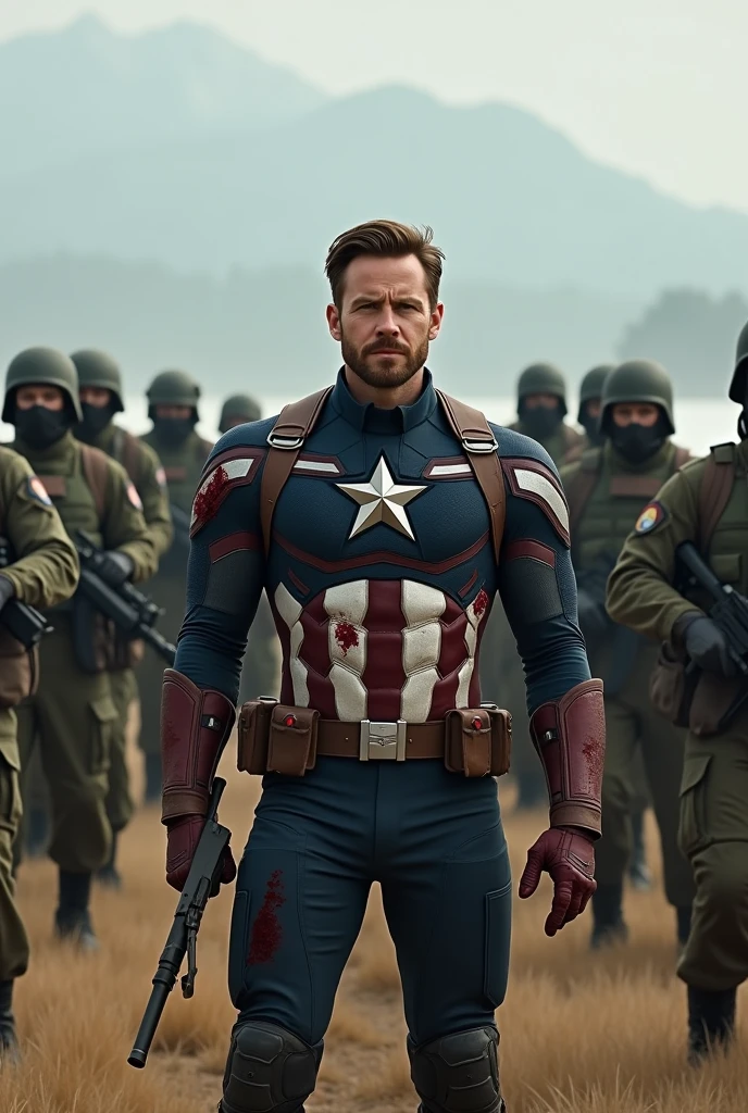 Captain America Chris Evans snapped the stones and heavily wounded in an open field by North Pacific Ocean surrounded by soldiers heavily armed, realistically 