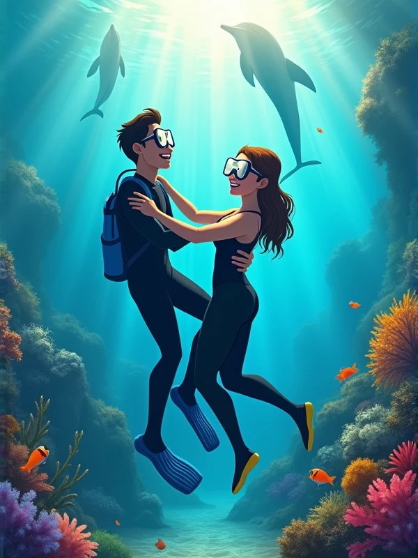 Underwater scene: Male diver assists female diver's ascent, hands on her waist. Both are smiling widely, visible through masks. Sunlight streams from above, illuminating their figures. Ocean backdrop with colorful fish and coral. Dolphins visible in distance. Captures joy, trust, and shared adventure in a vibrant marine setting.