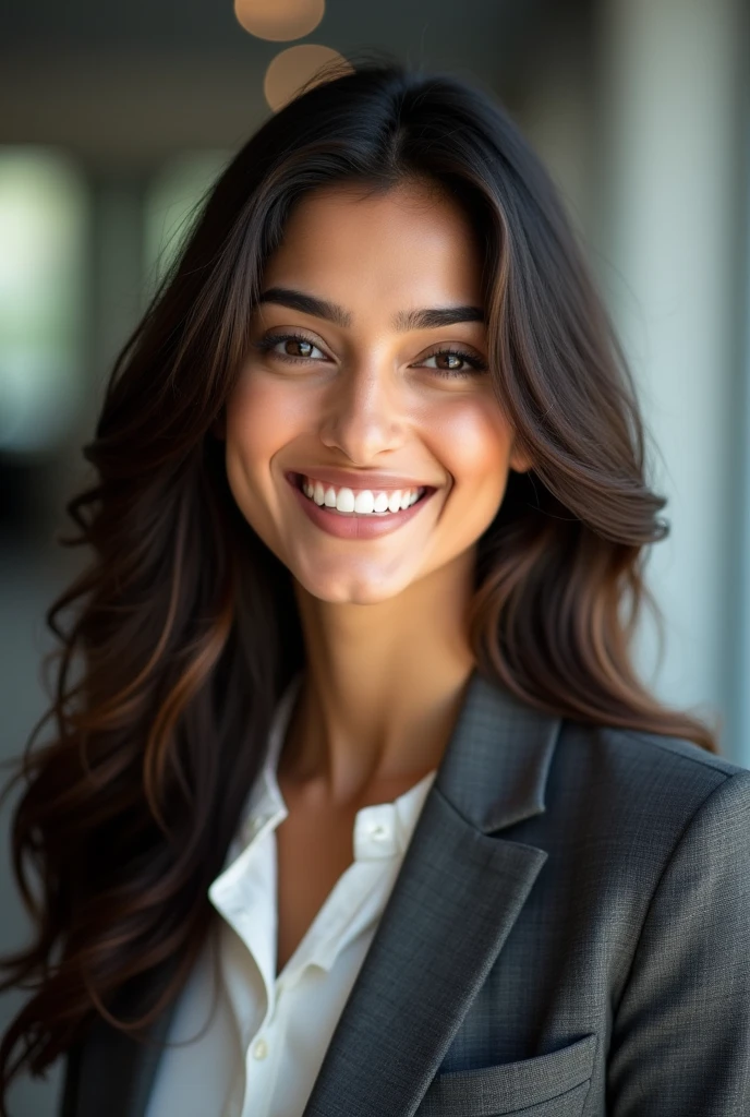 There is a young, Beautiful indian woman, who looks to the future like Katrina Kaif, Smiles into the camera, beautiful teeth, She looks into the camera, a portrait from raw photo, body, modern business color dress,

