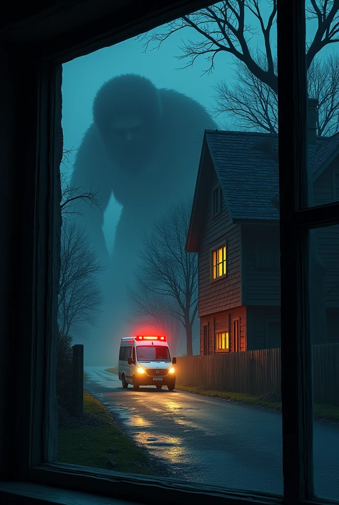 The image is seen from inside the window of the house, the supernatural creature, the monster, is following behind the ambulance passing in front of the village house at night, the house is made of wood, it's dark at night.