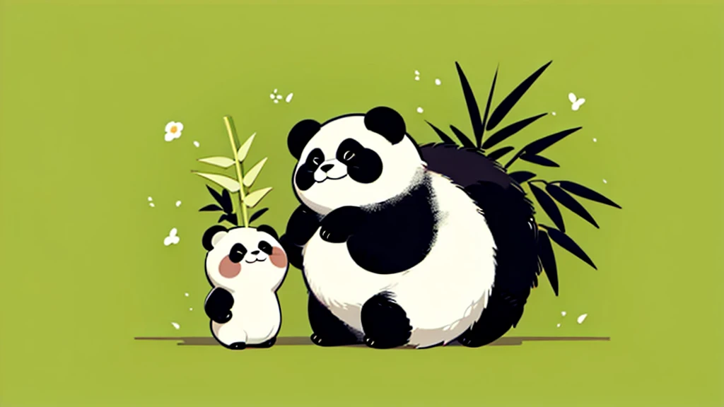 Long body panda、Holding on to the bamboo, trying hard not to be blown away by the wind、Deformation、An illustration、cute