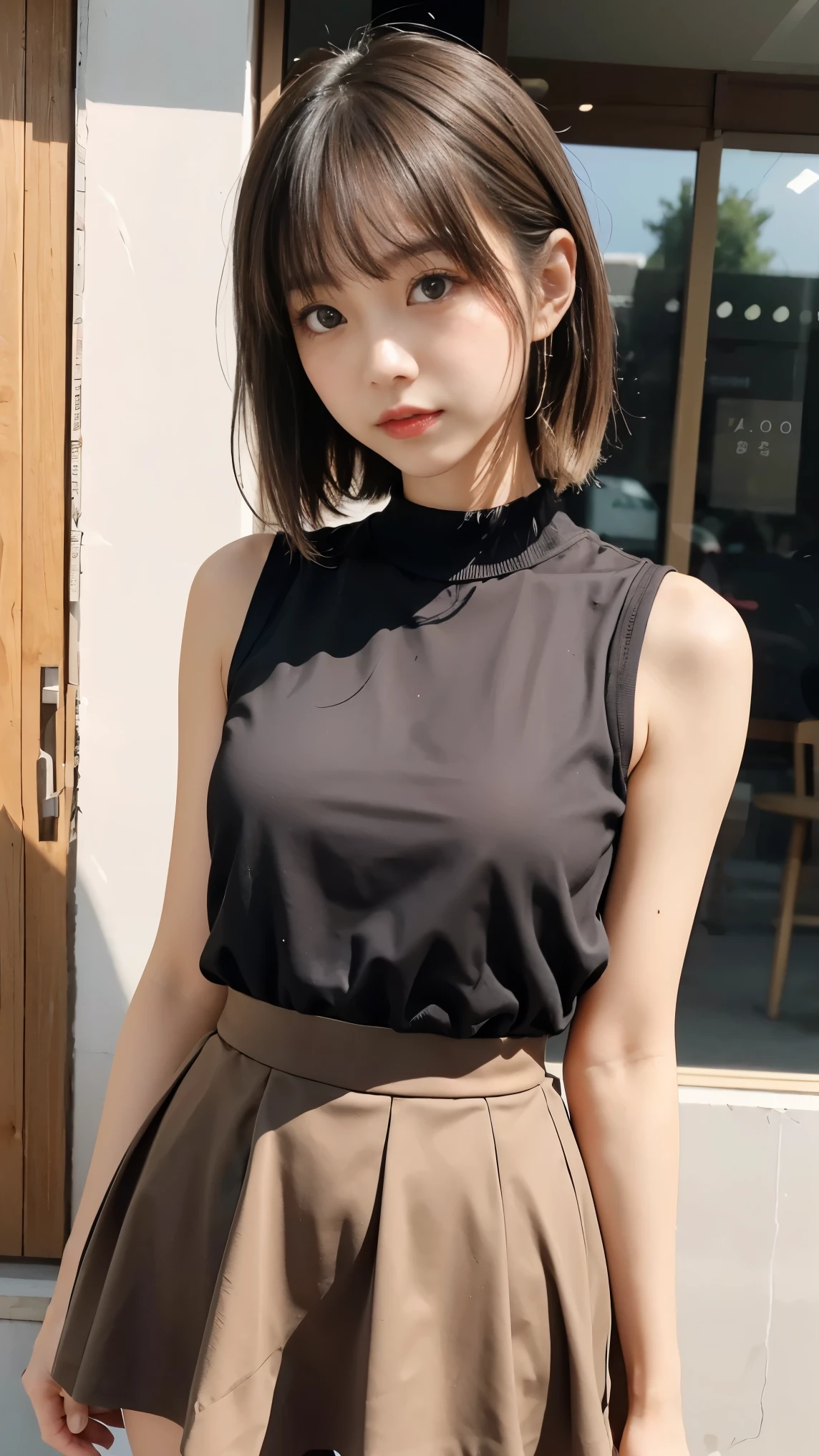 Generates a close-up image of a cute Japanese girl staring at you with a seductive look。She is wearing a sleeveless top and a tight mini skirt.、like々Enhances the stylish look.。Hair is a trendy color(for example, Light brown or blonde)Dyed、It's a loose and playful wave..。In the background、The painting depicts a vibrant urban landscape characterised by soft, blurred and colourful light..、Highlight her features。The makeup is perfect、In line with the latest trends.、To bring out her charm、Special focus on eyes and lips.。have confidence、She has a slightly mysterious look、It's full of charm and fun.。The sleeveless top and mini skirt suited her perfectly..、Showing off her curves and fashionable style、Keep the look modern and attractive。