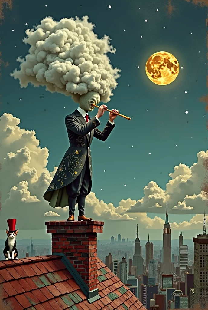 "Dave McKean-style surrealist scene: Chimney sweep with starry sky/cloud face on rusty cloud-textured roof. Suit of astronomical maps and cracked paint. Flute of distorted cityscape. Sound visualized as torn strips transforming buildings into fairy-tale/photorealistic hybrid. Cracked cheese moon looms, partially obscured. Foreground: cats in top hats blend photo and geometric elements. Palette: muted blues/grays, yellow moon, red city details. Multi-layered, textured, partially transparent compo